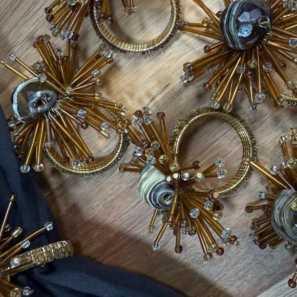 Vintage Atomic Starburst Beaded Napkin Rings Set of 6 Mid Century Gold - Picture 7 of 7